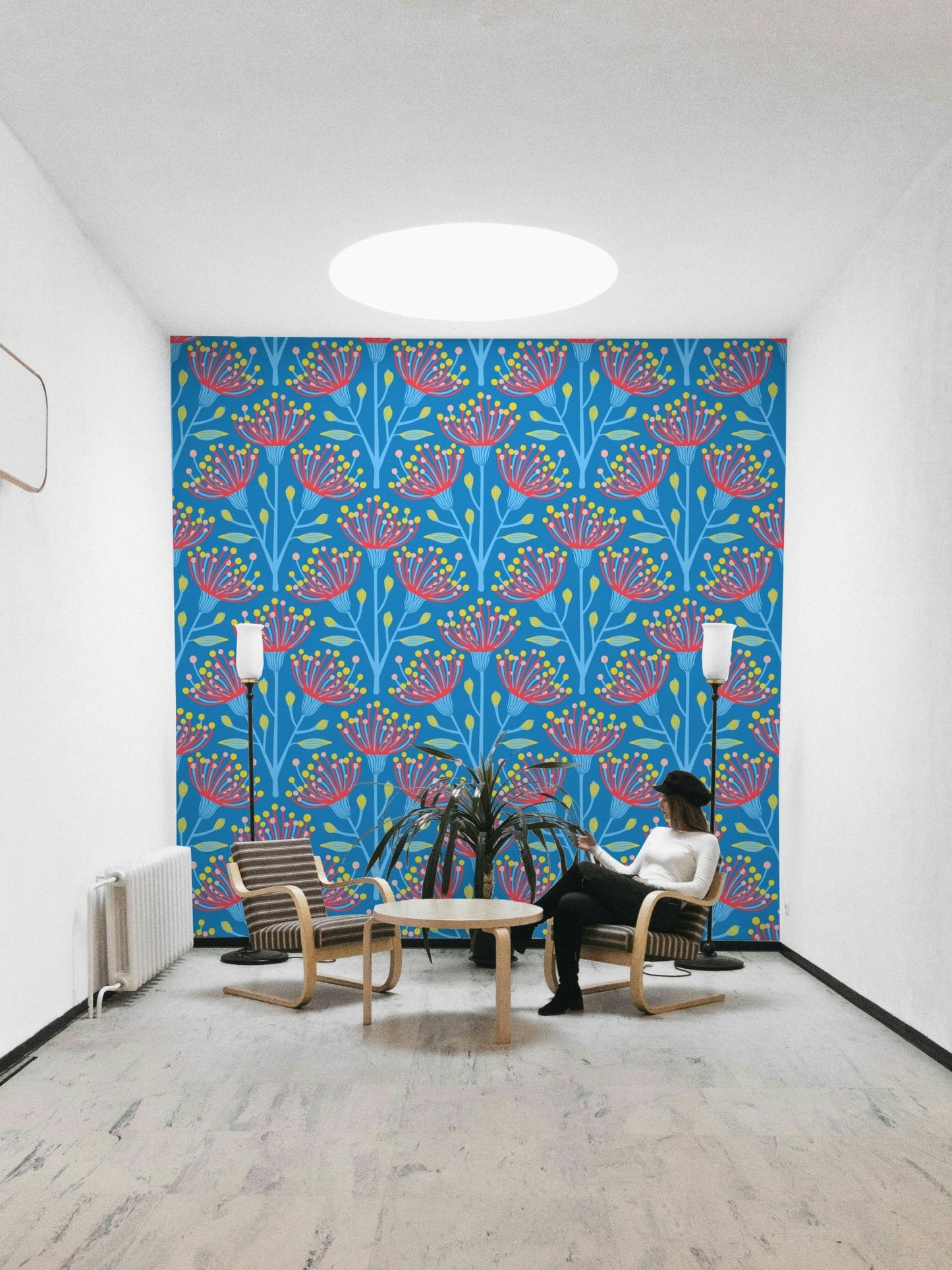 Eucalyptus Floral Botanical Icy Blue Red Yellow Pink on Bright Blue Wallpaper⁠