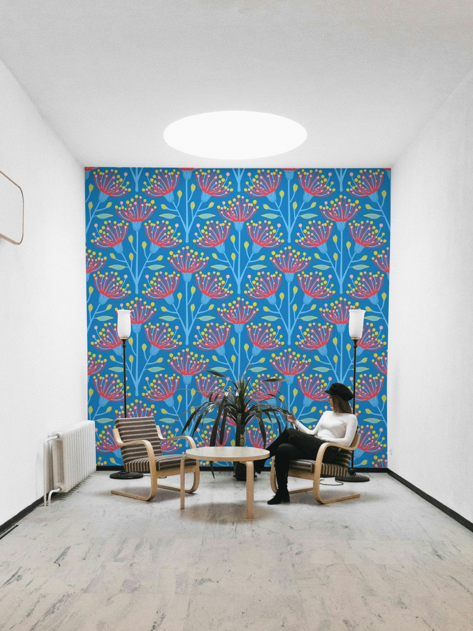 Eucalyptus Floral Botanical Icy Blue Red Yellow Pink on Bright Blue Wallpaper⁠