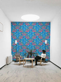 Eucalyptus Floral Botanical Icy Blue Red Yellow Pink on Bright Blue Wallpaper⁠