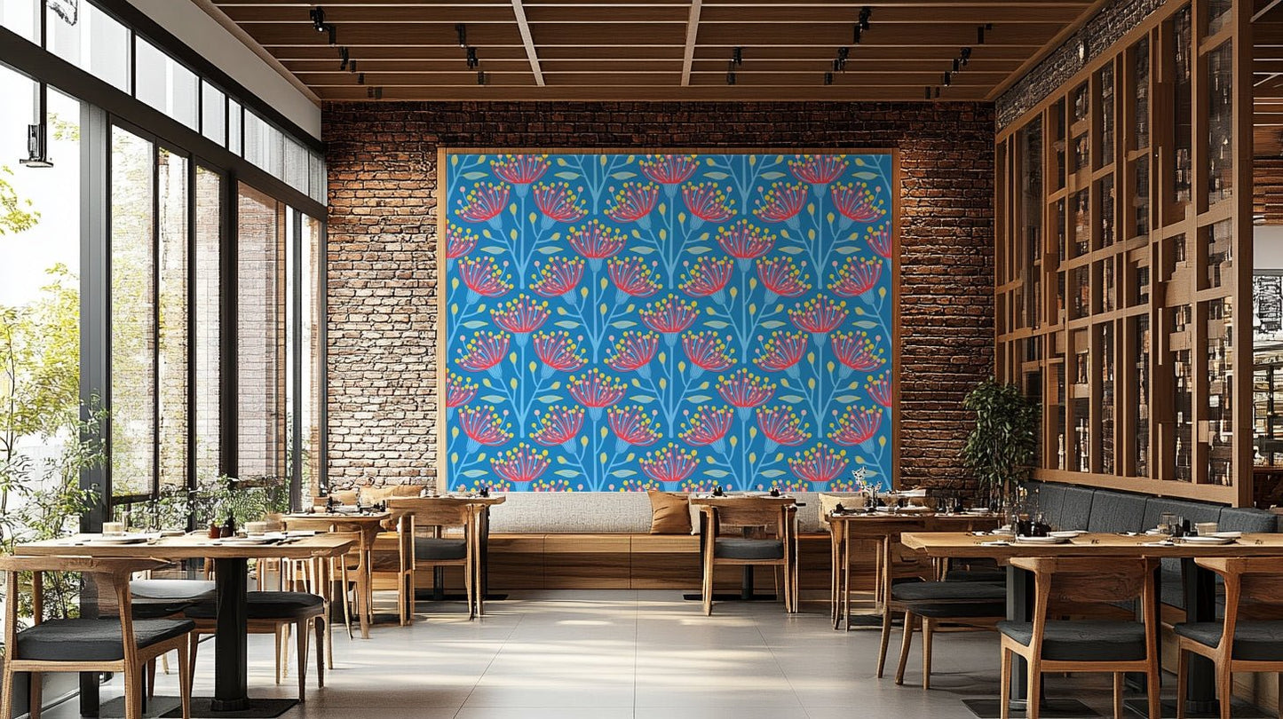 Eucalyptus Floral Botanical Icy Blue Red Yellow Pink on Bright Blue Wallpaper⁠