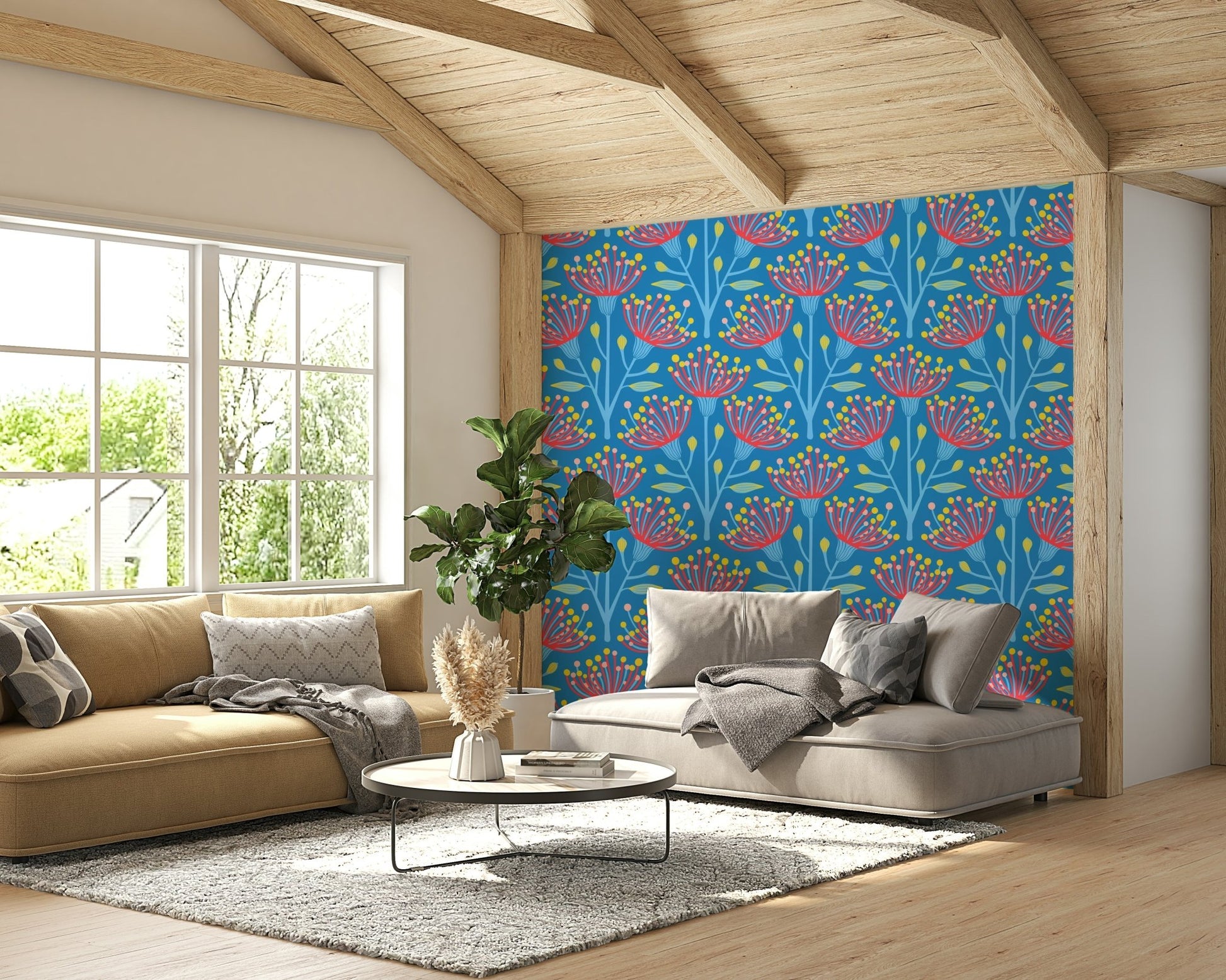 Eucalyptus Floral Botanical Icy Blue Red Yellow Pink on Bright Blue Wallpaper⁠