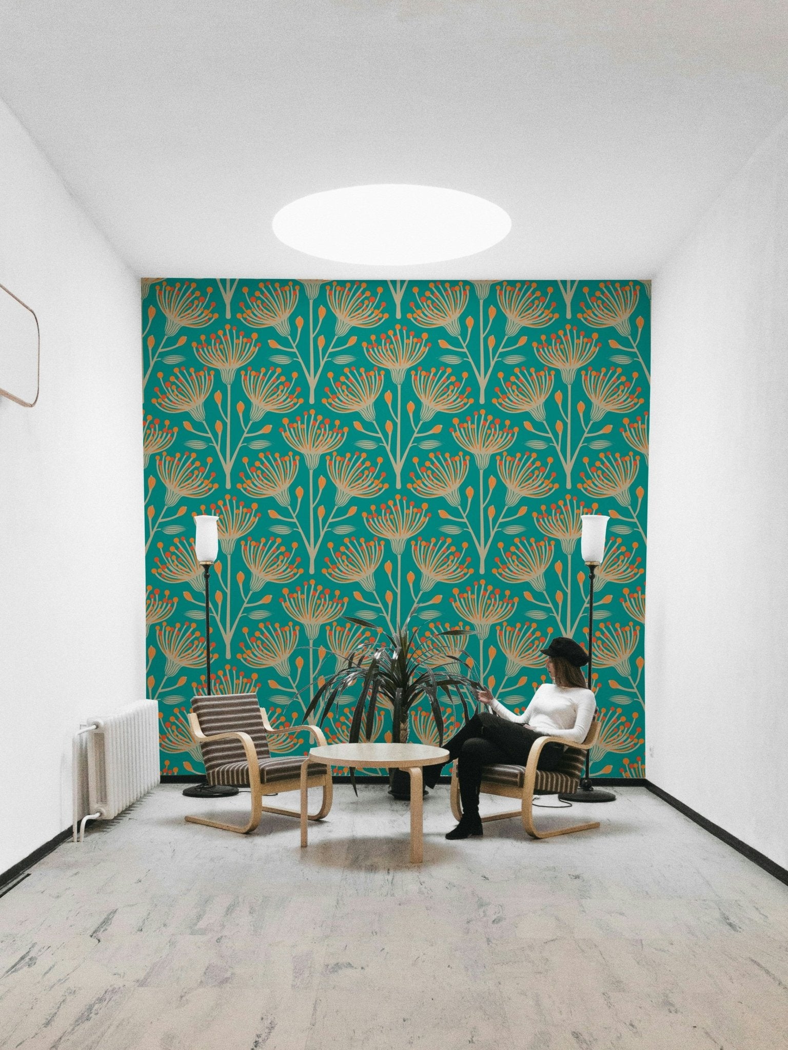 A wall mural of a floral botanical pattern.

