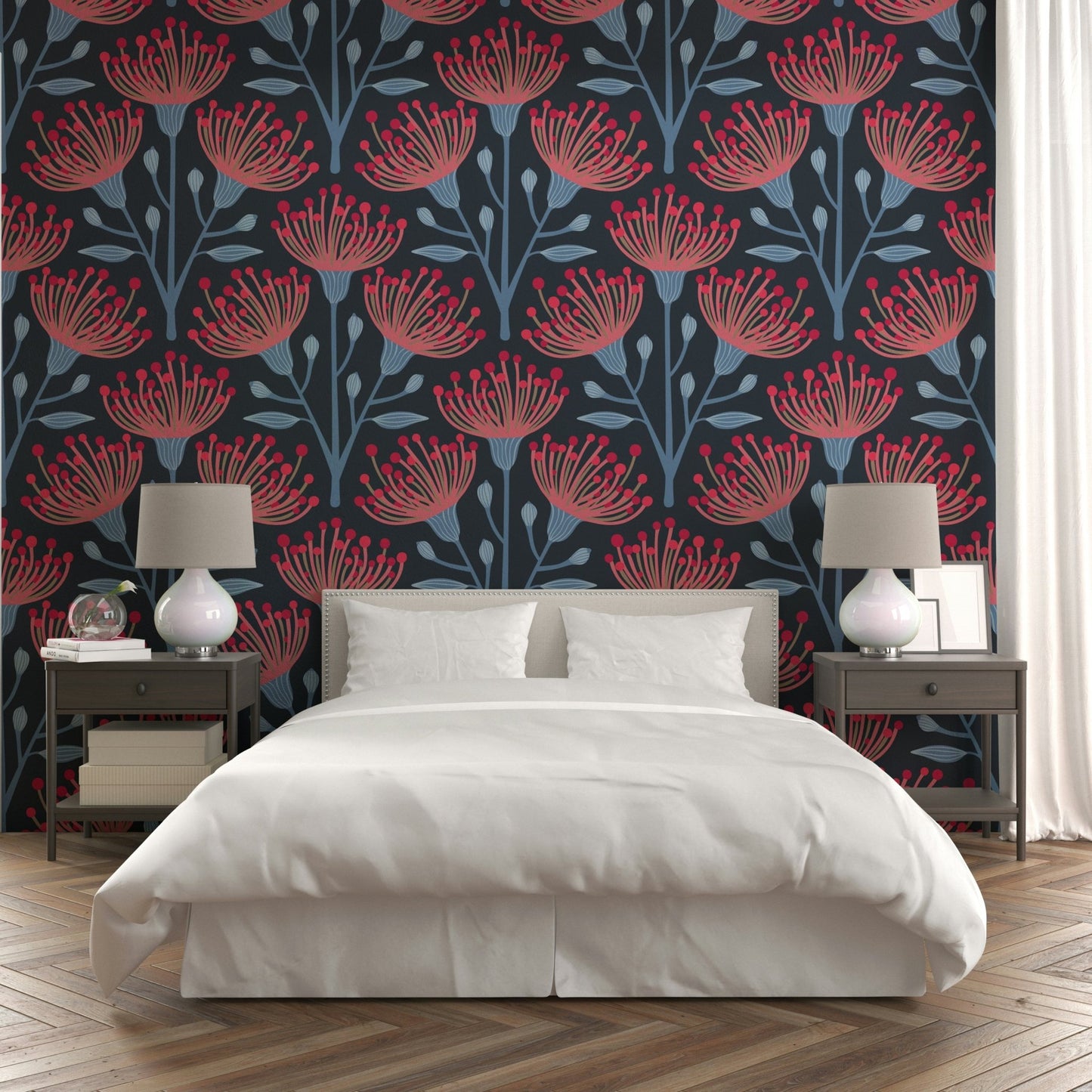 The image shows a peaceful, natural scene with a eucalyptus and floral pattern.

