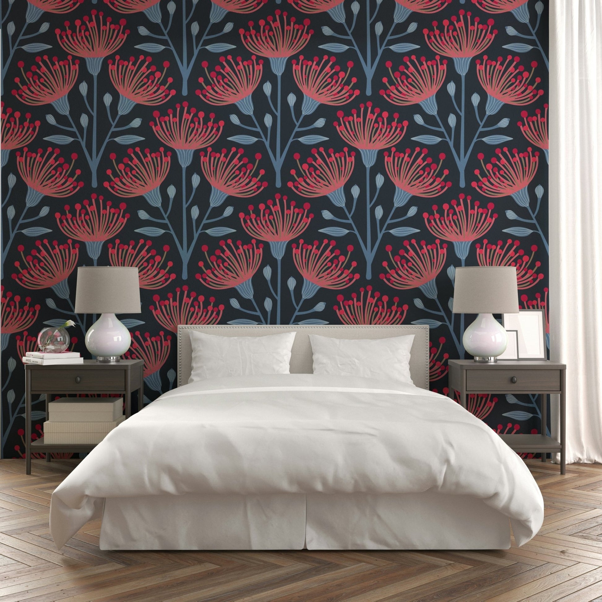 The image shows a peaceful, natural scene with a eucalyptus and floral pattern.

