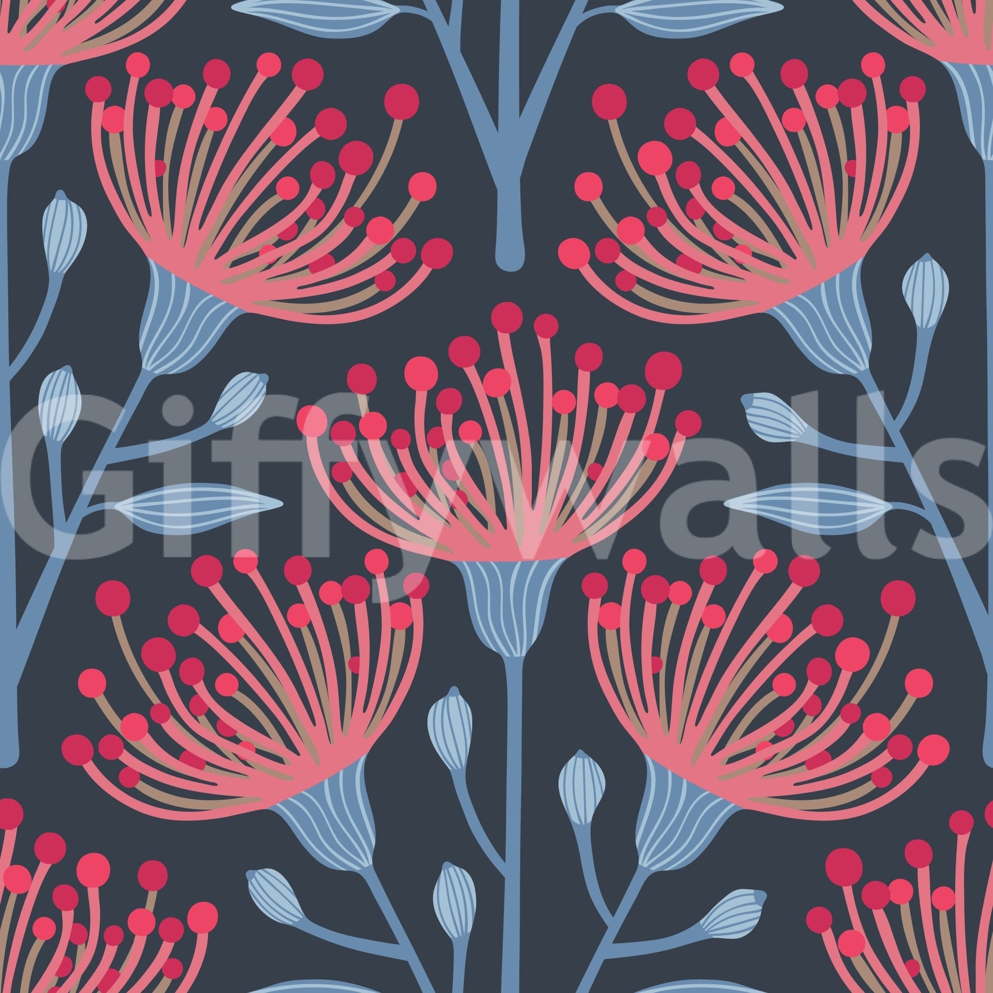 The eucalyptus and floral shapes are a central focus of the image.

