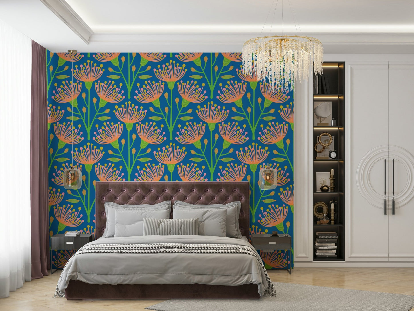 The colors are soft, muted tones of summer orange, pink, and green on a royal blue background.

