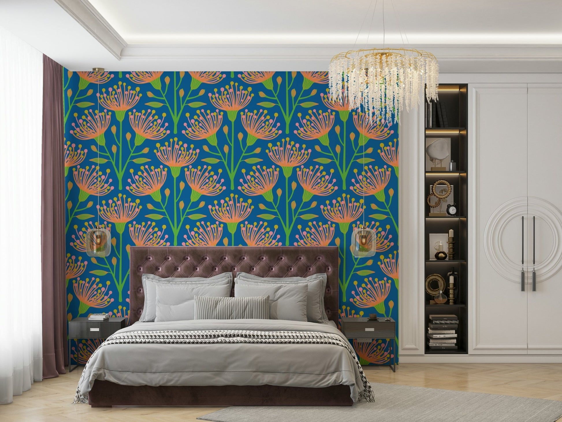 The colors are soft, muted tones of summer orange, pink, and green on a royal blue background.

