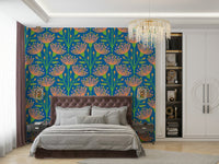 The colors are soft, muted tones of summer orange, pink, and green on a royal blue background.


