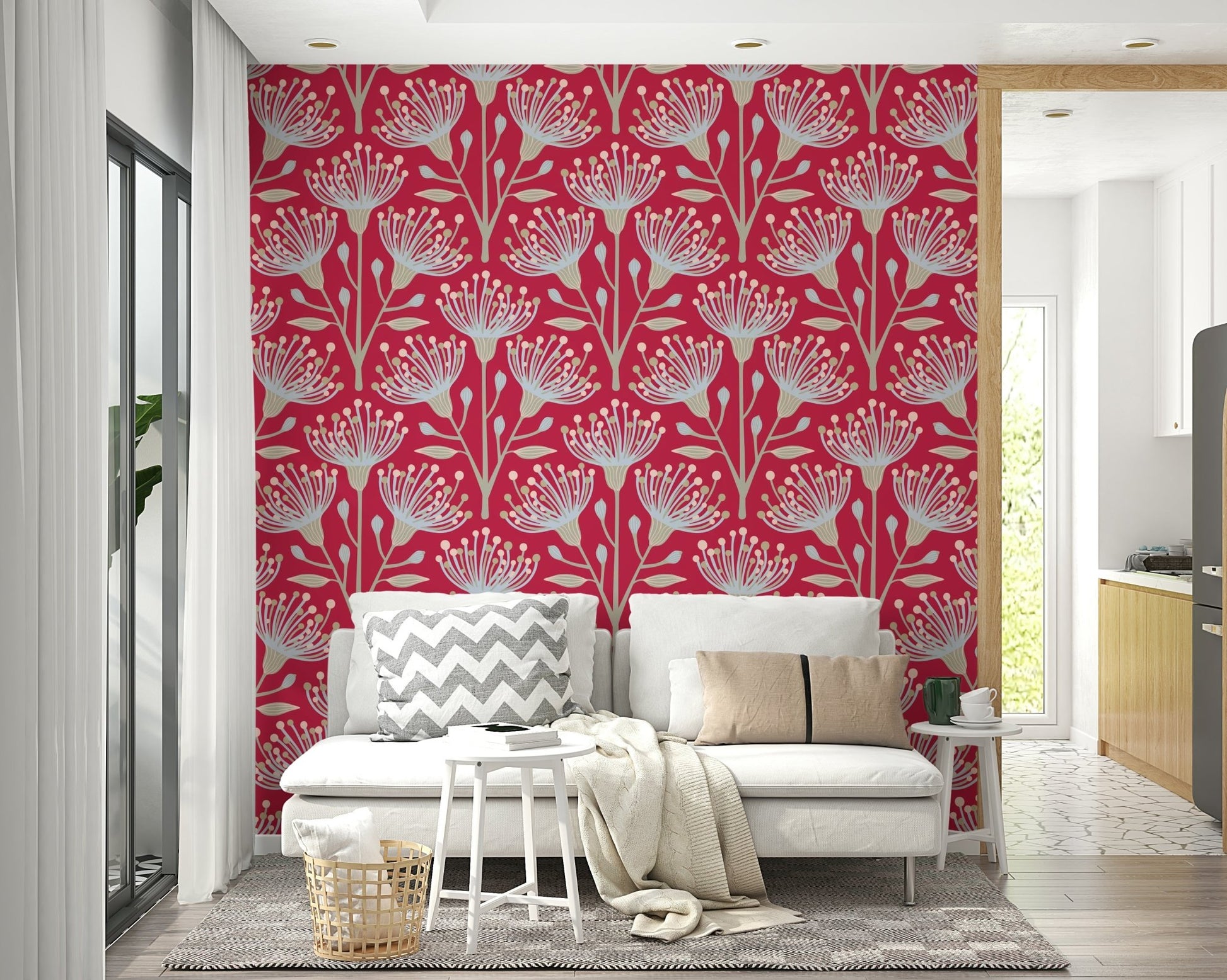 Floral wallpaper in bold magenta tone
