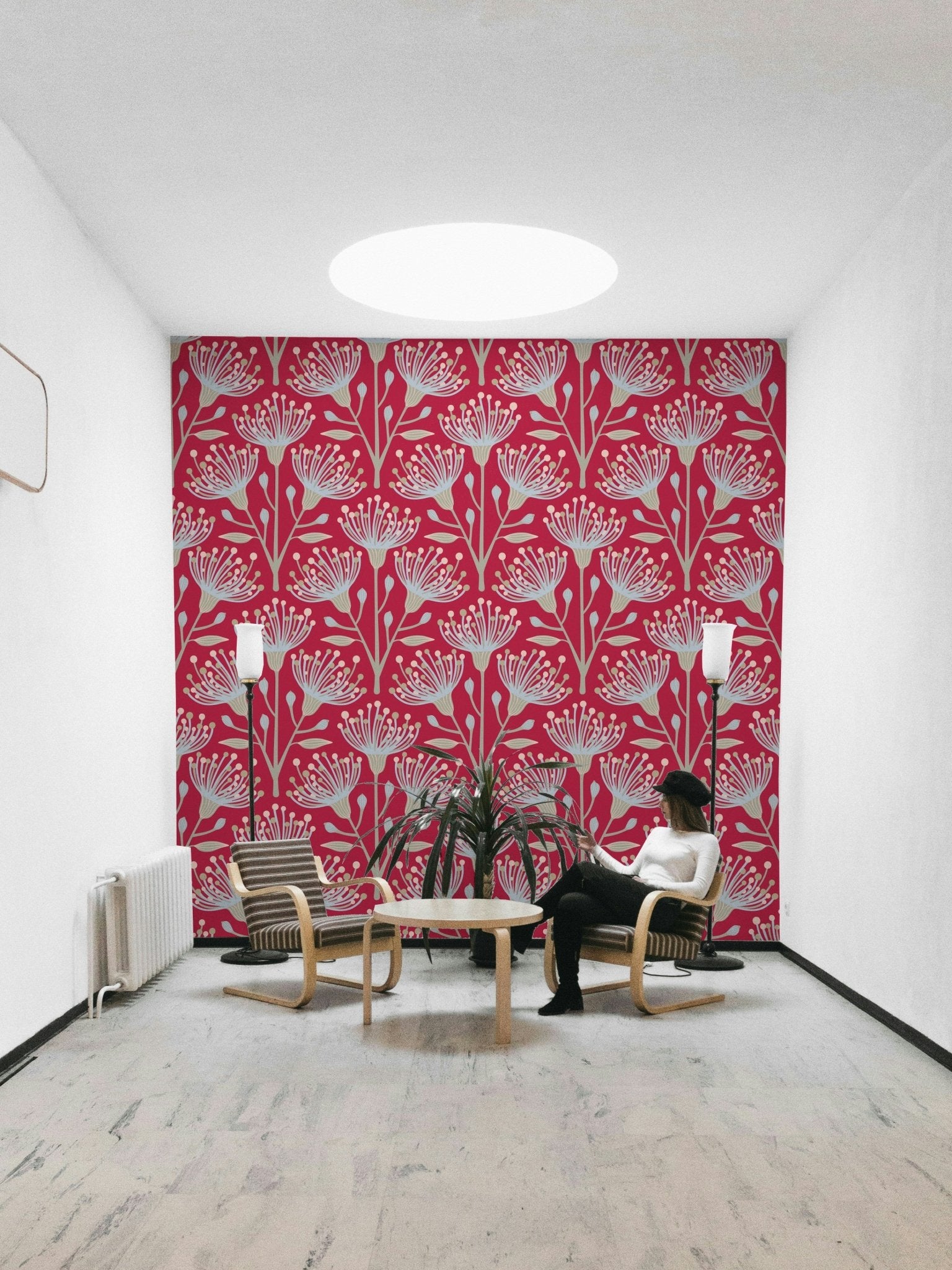 Statement wallpaper with eucalyptus print
