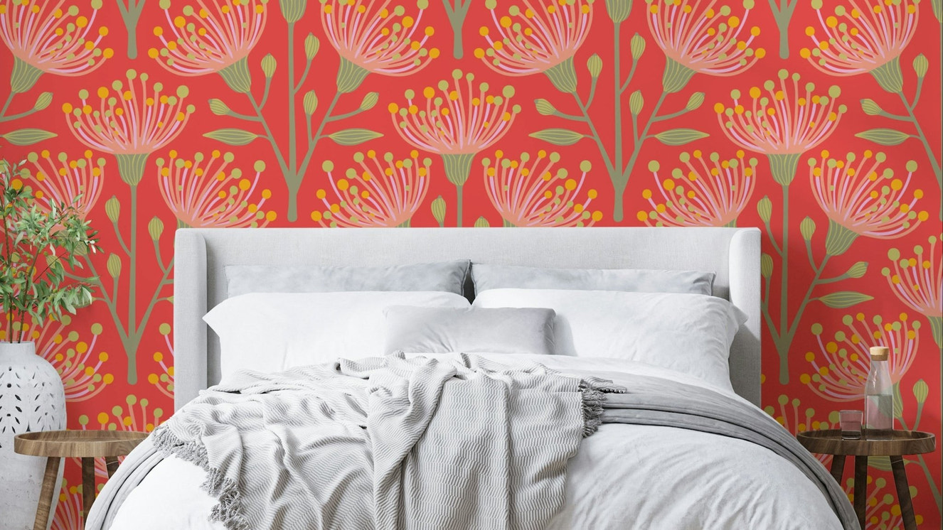 The image shows a peaceful, natural scene with a eucalyptus and floral pattern.

