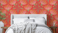 The image shows a peaceful, natural scene with a eucalyptus and floral pattern.

