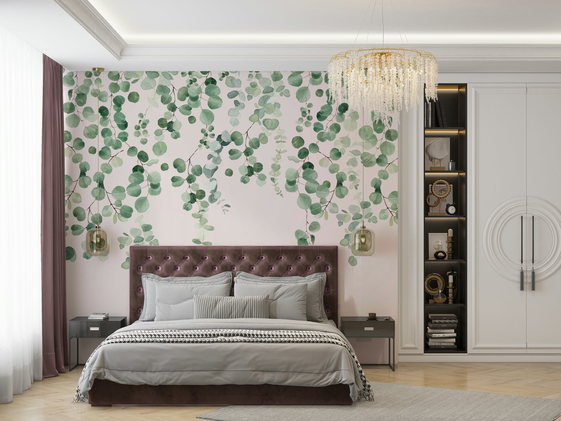 Trendy pink and green eucalyptus botanical art

