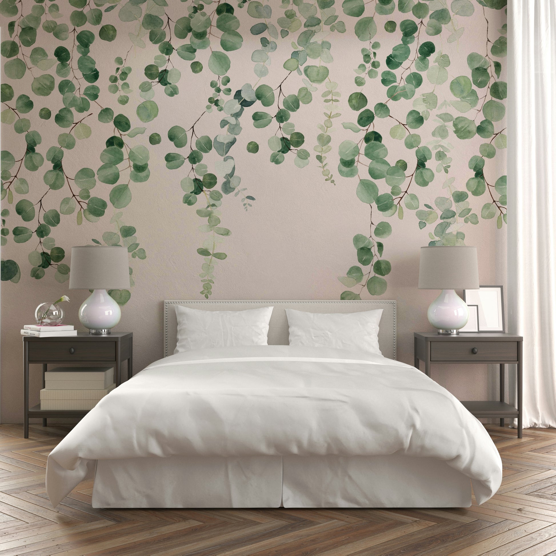 Watercolor-style eucalyptus mural in soft hues

