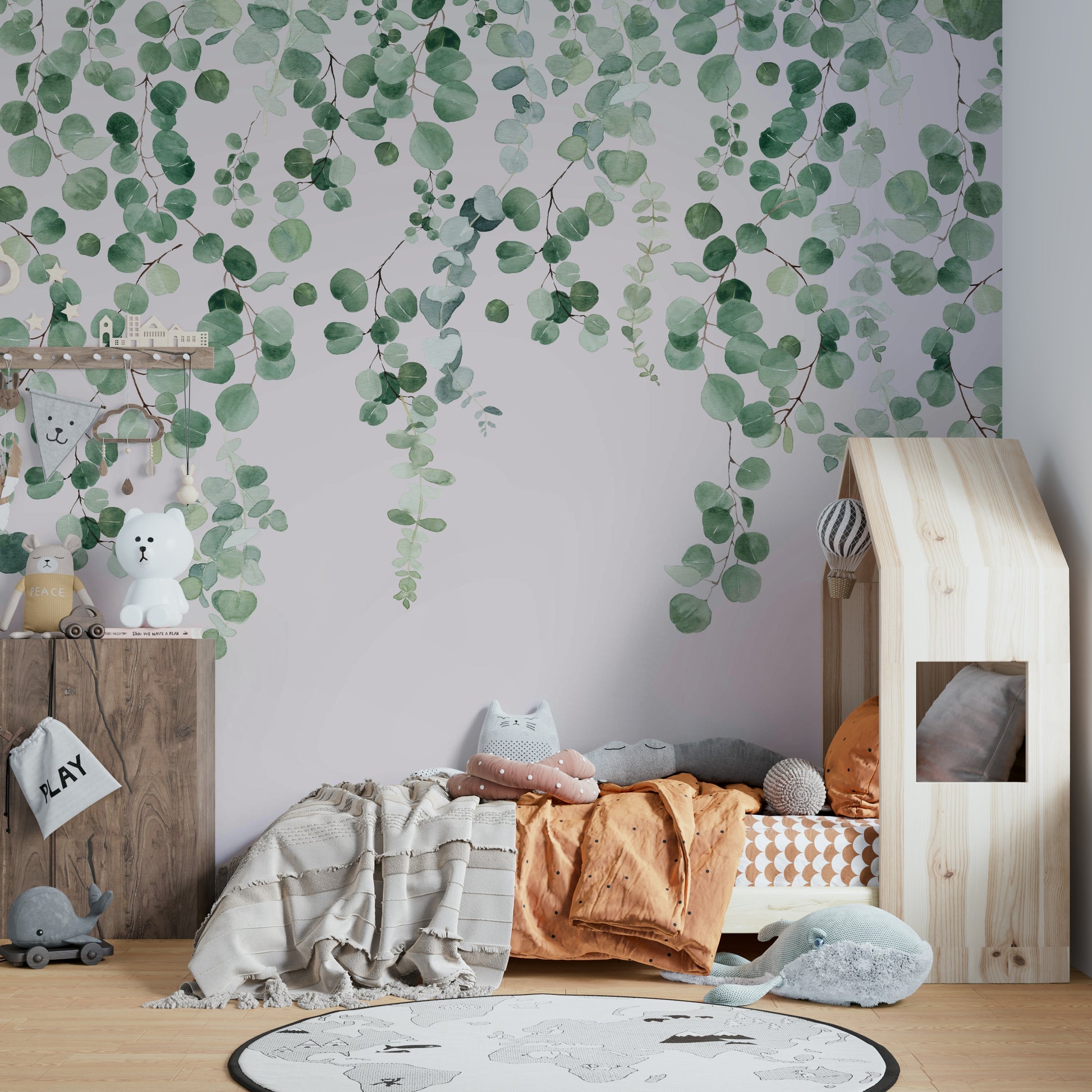 Botanical wall mural in pink and green tones

