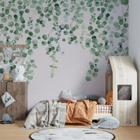 Botanical wall mural in pink and green tones


