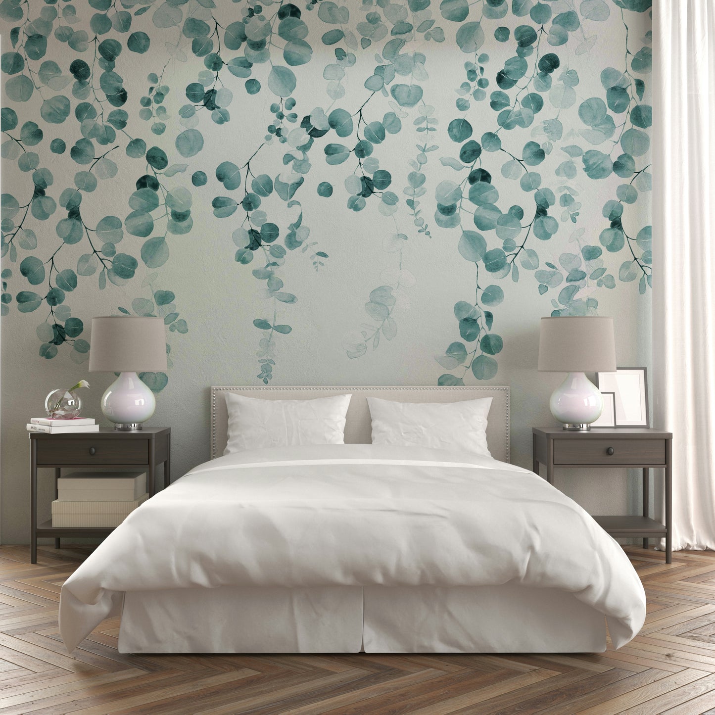 Soft teal eucalyptus design wall covering


