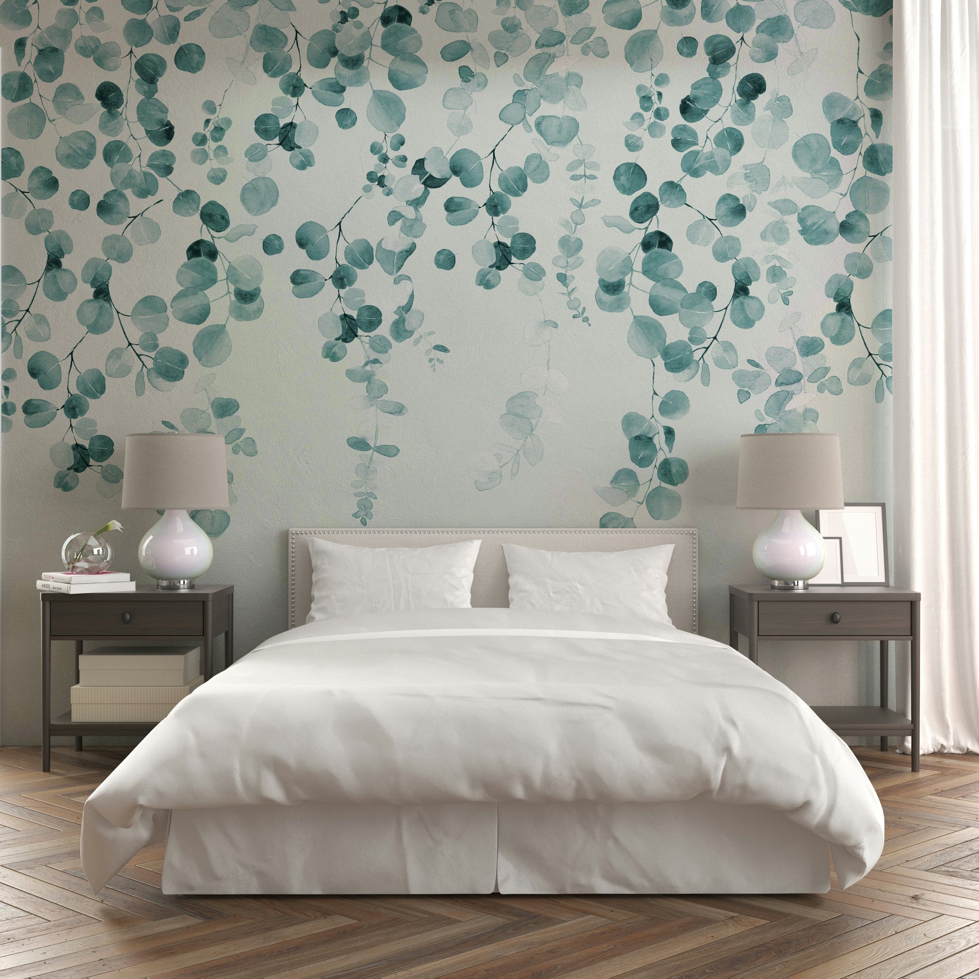 Soft teal eucalyptus design wall covering

