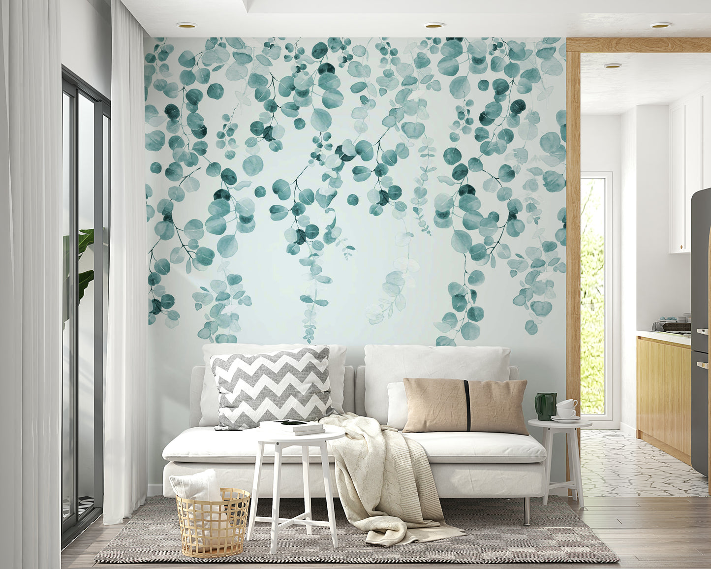 Modern eucalyptus teal mural for bedrooms

