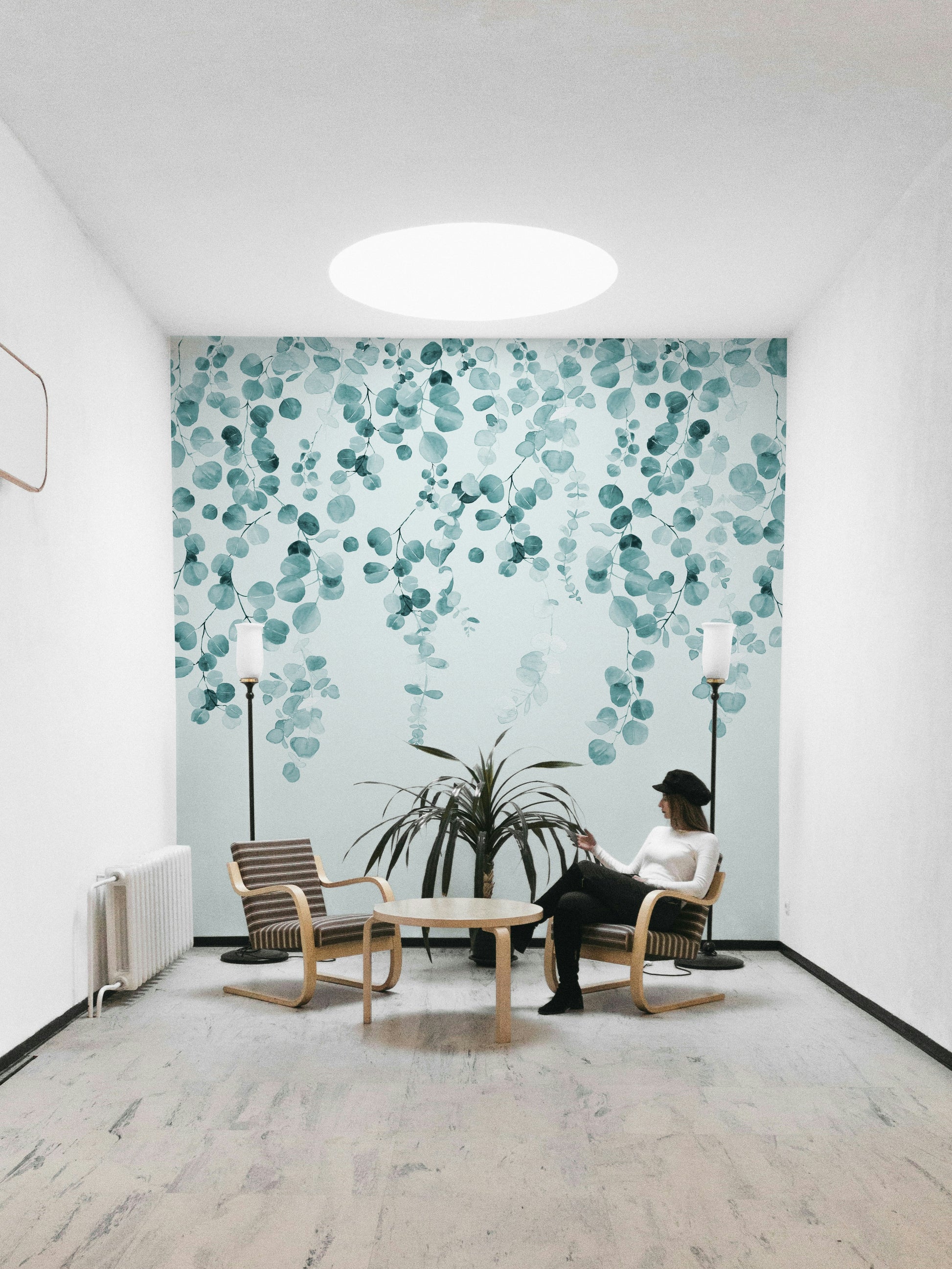Botanical eucalyptus teal wallpaper design

