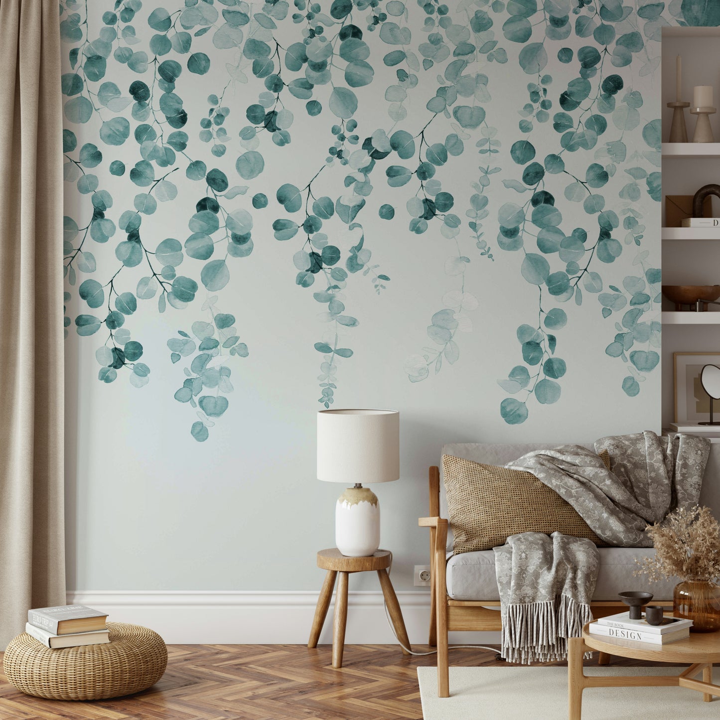 Serene eucalyptus mural in calming teal tones

