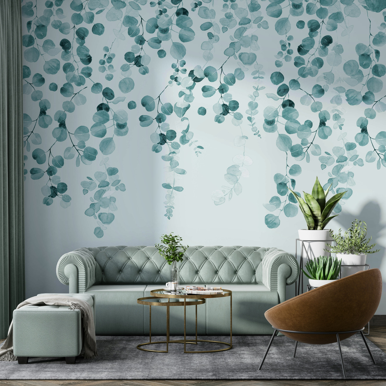 Teal eucalyptus leaf wall mural for interiors

