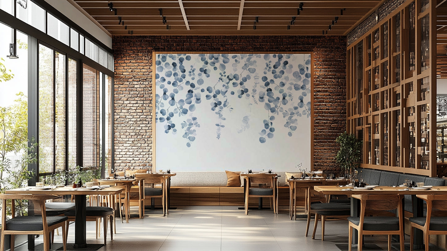 Calming blue eucalyptus wall design

