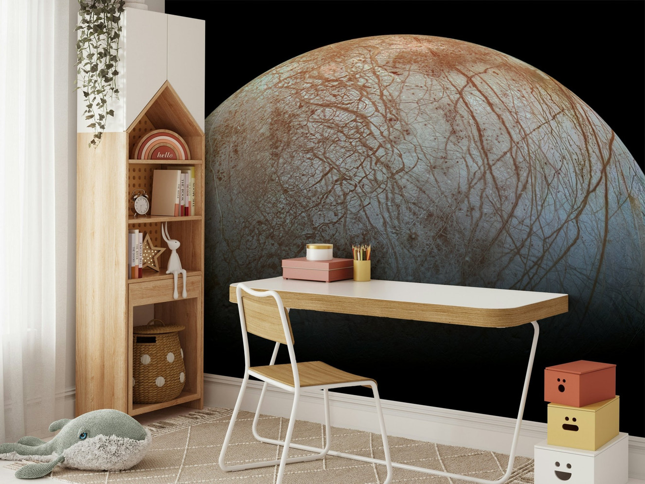 A wide-angle wall mural of Europa, one of Jupiter's moons.
