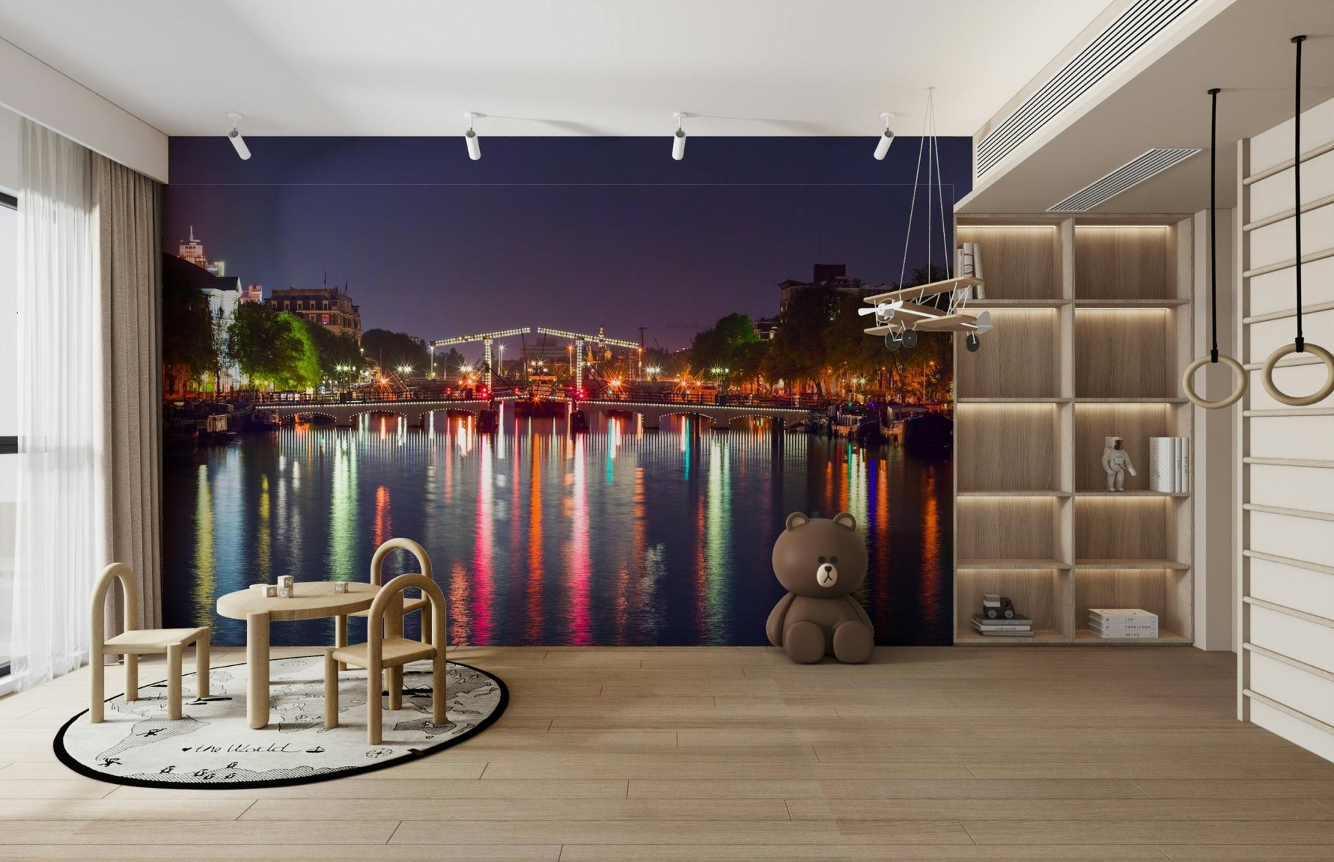 The design has a layered look, showing a long view of the canal and the buildings.

