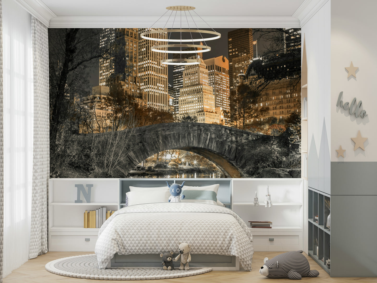 Urban park sunset mural for adding warmth and calm to a room.

