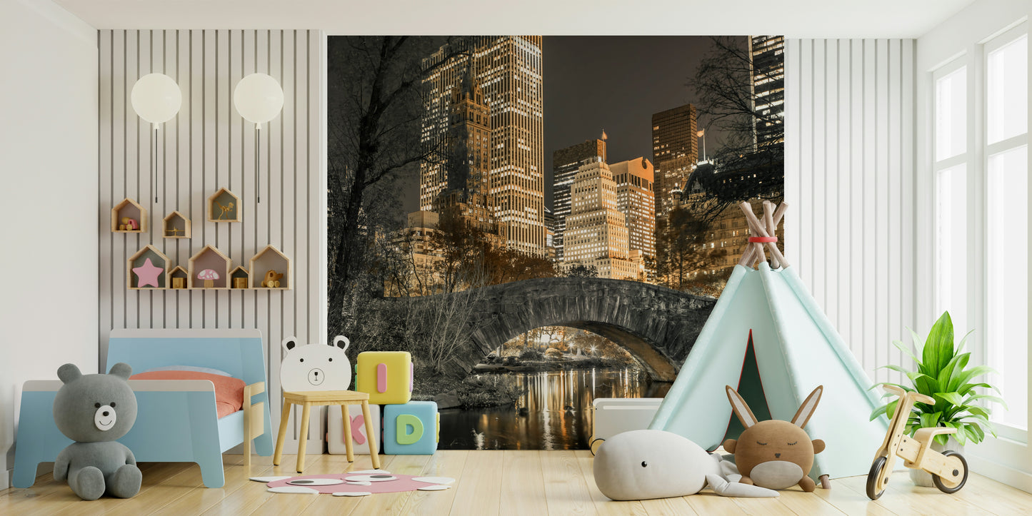 Serene park scene mural with softly lit paths and twilight sky.


