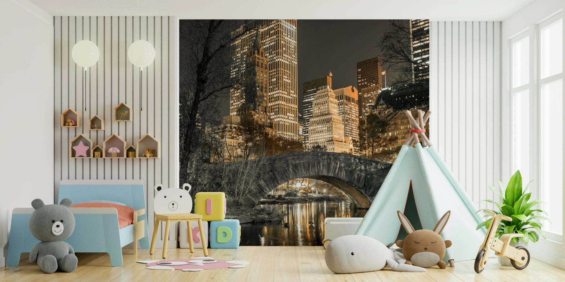 Serene park scene mural with softly lit paths and twilight sky.

