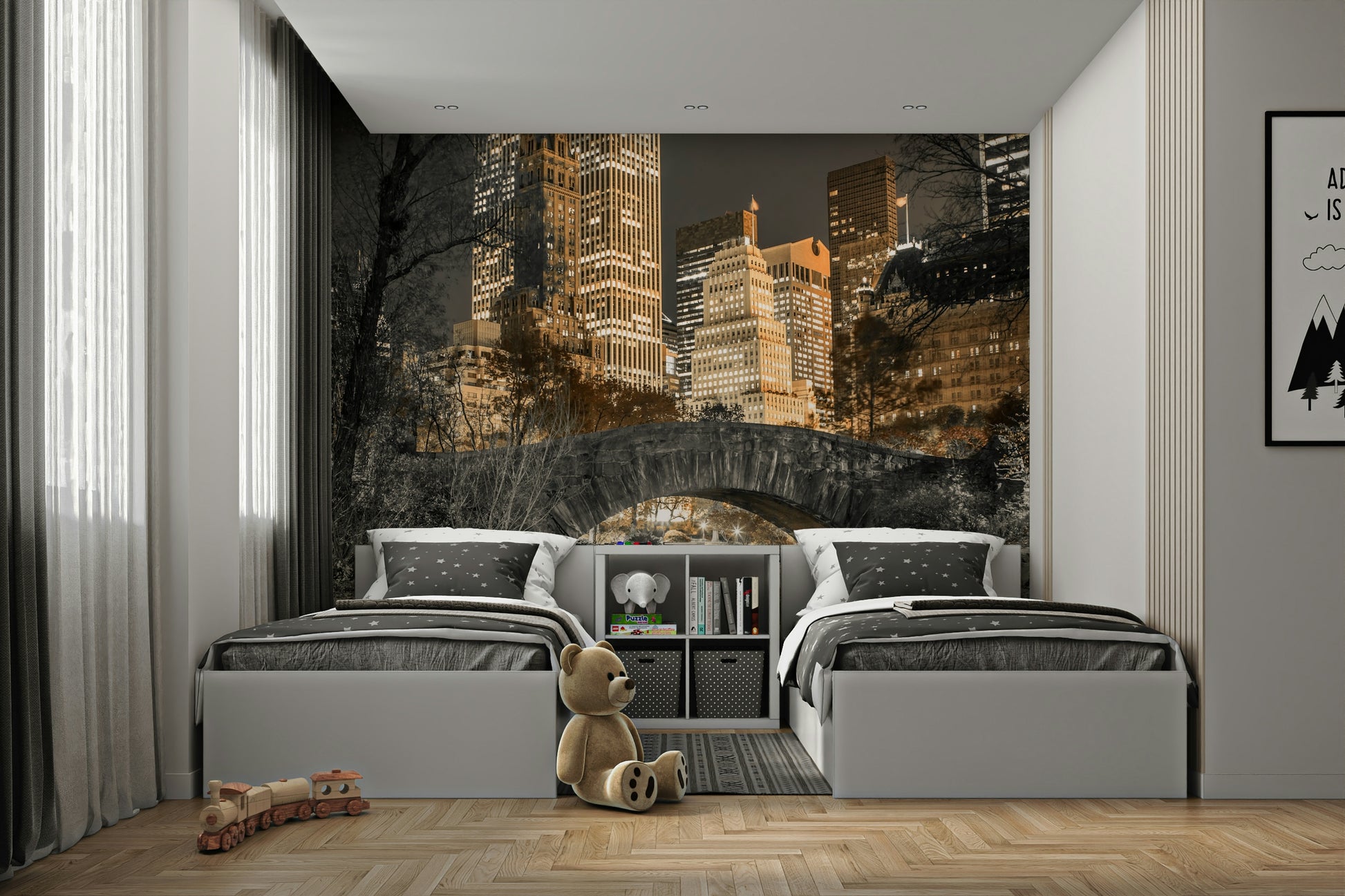 Central Park evening mural featuring warm sunset hues and trees.

