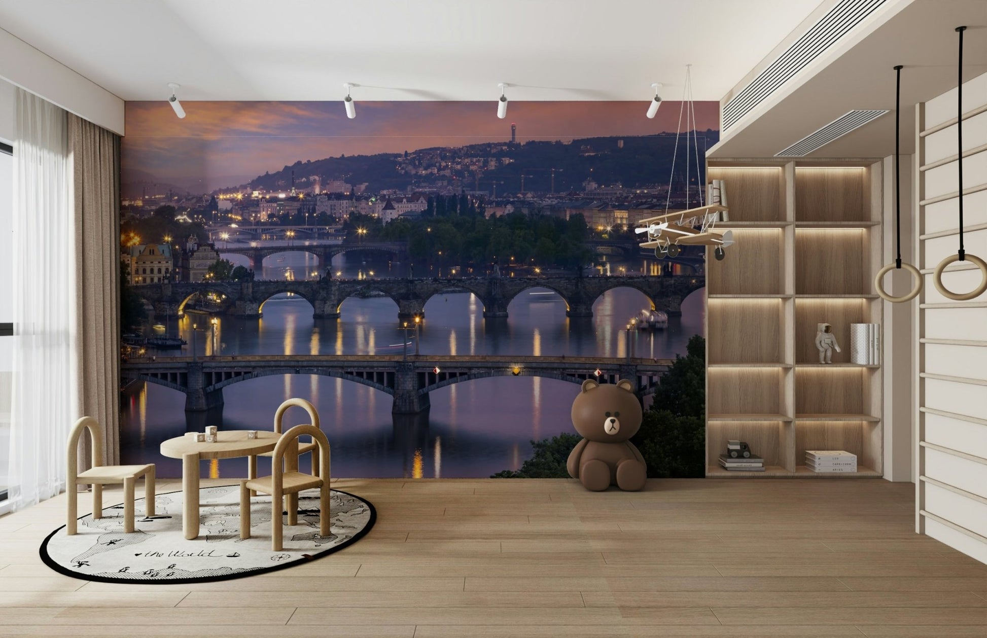 Serene evening scene of Vltava bridges in Prague mural

