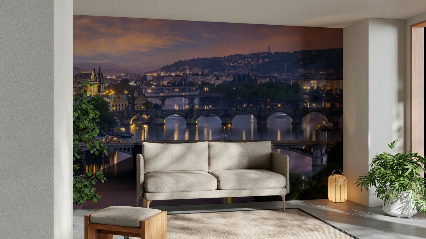Peaceful Prague night mural with illuminated Vltava bridges

