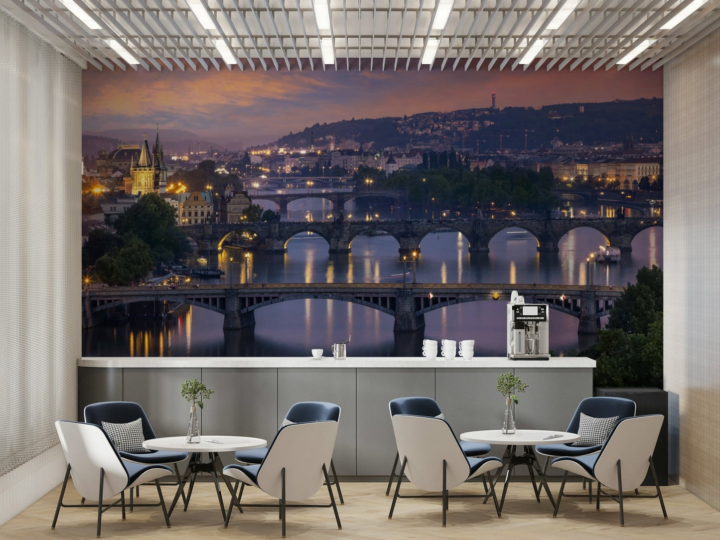 Iconic Vltava bridges with glowing lights wall mural

