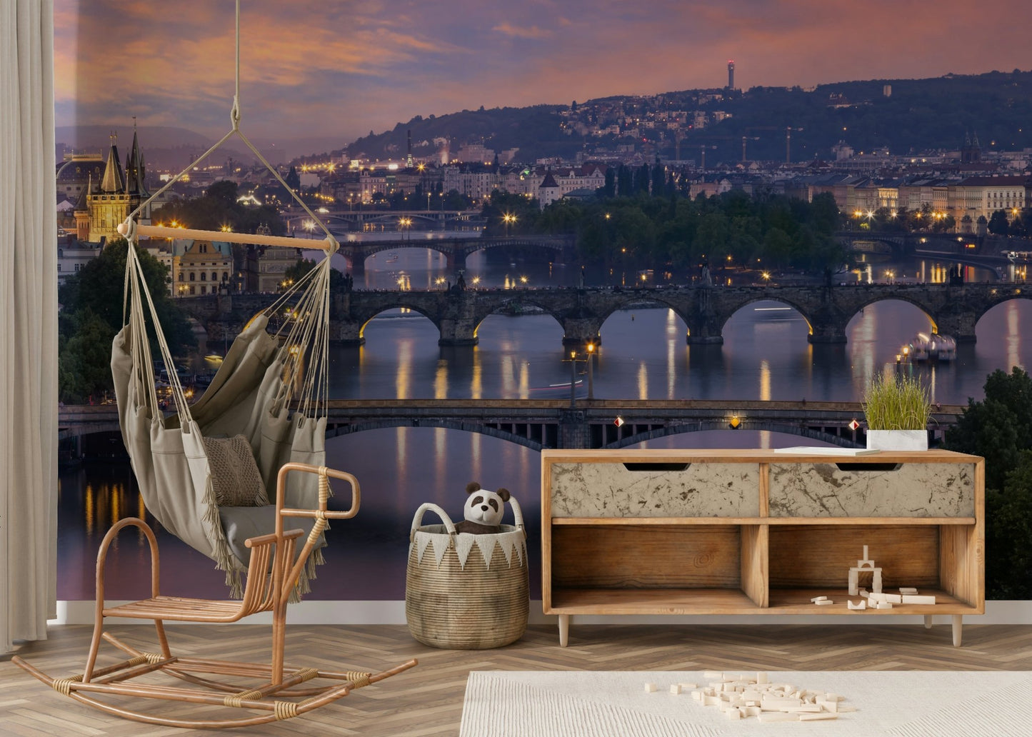 Vltava River bridges with Prague city skyline mural

