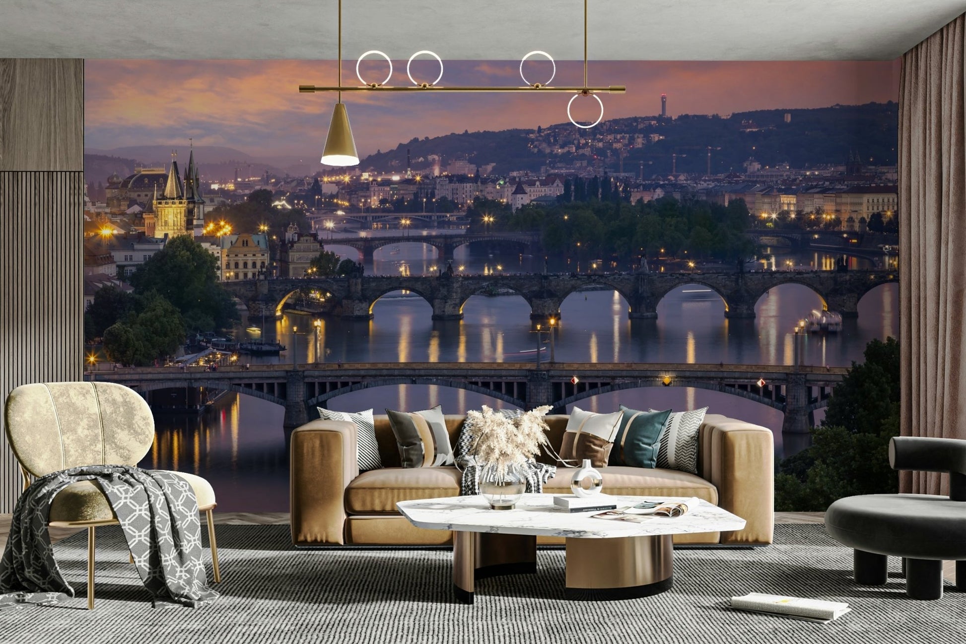 Vltava bridges mural for wall with soft evening lights


