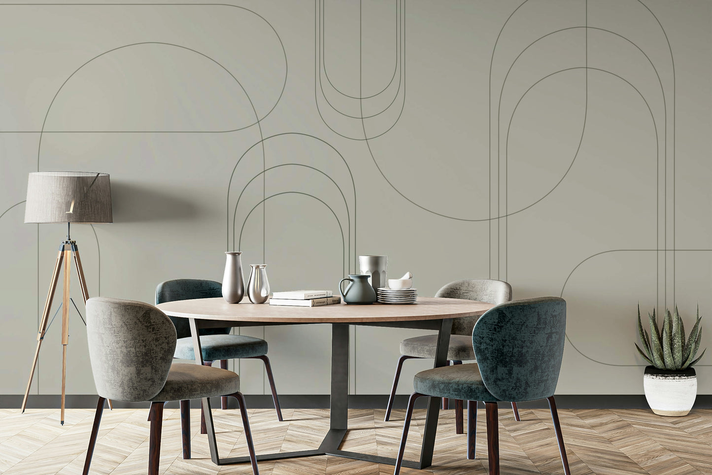 Simple arch design mural in evergreen tones

