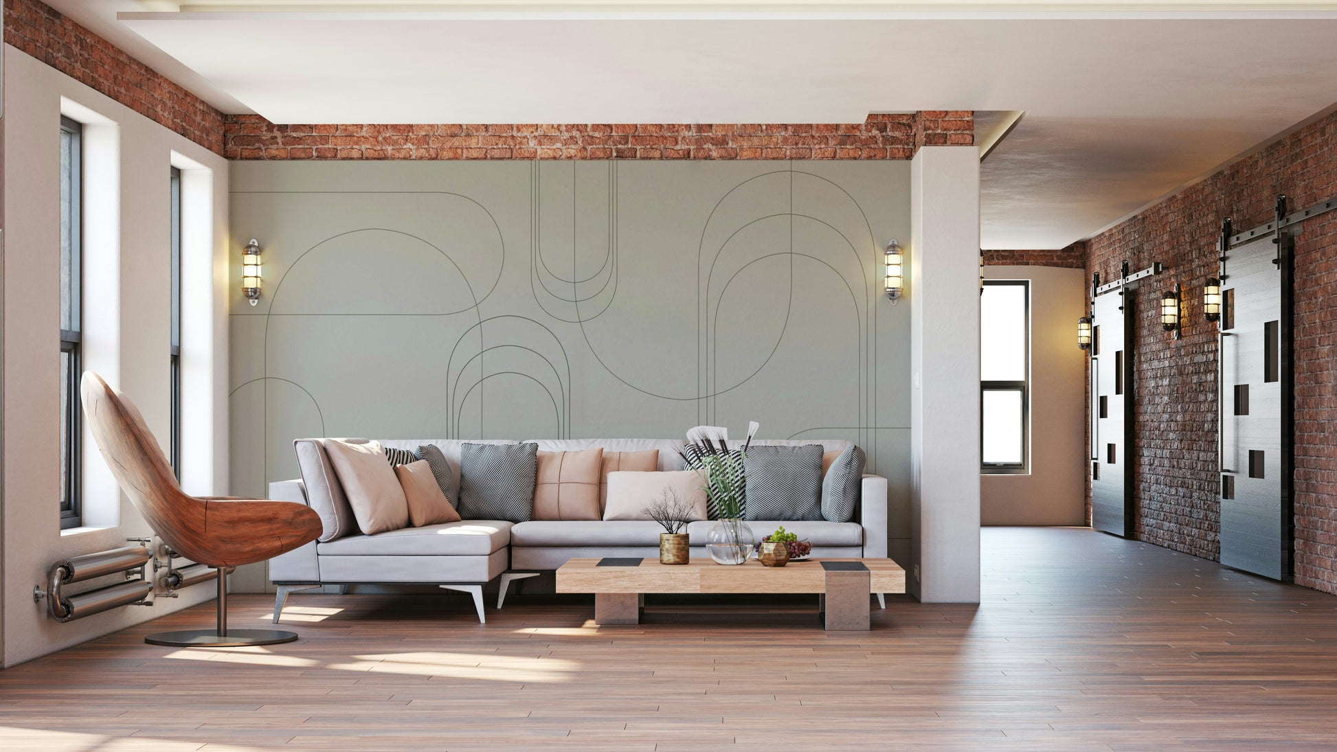 Evergreen wall mural with minimalist arches

