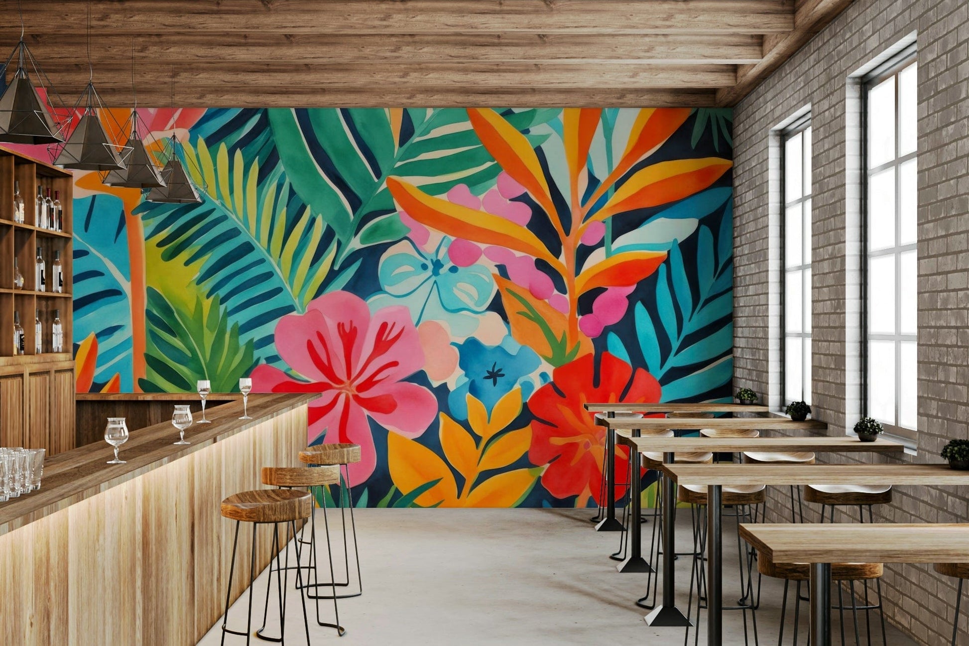 The foliage is lush, with various types of leaves and large, exotic flowers.
