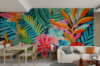 A wall mural depicting a dense and colorful tropical garden.
