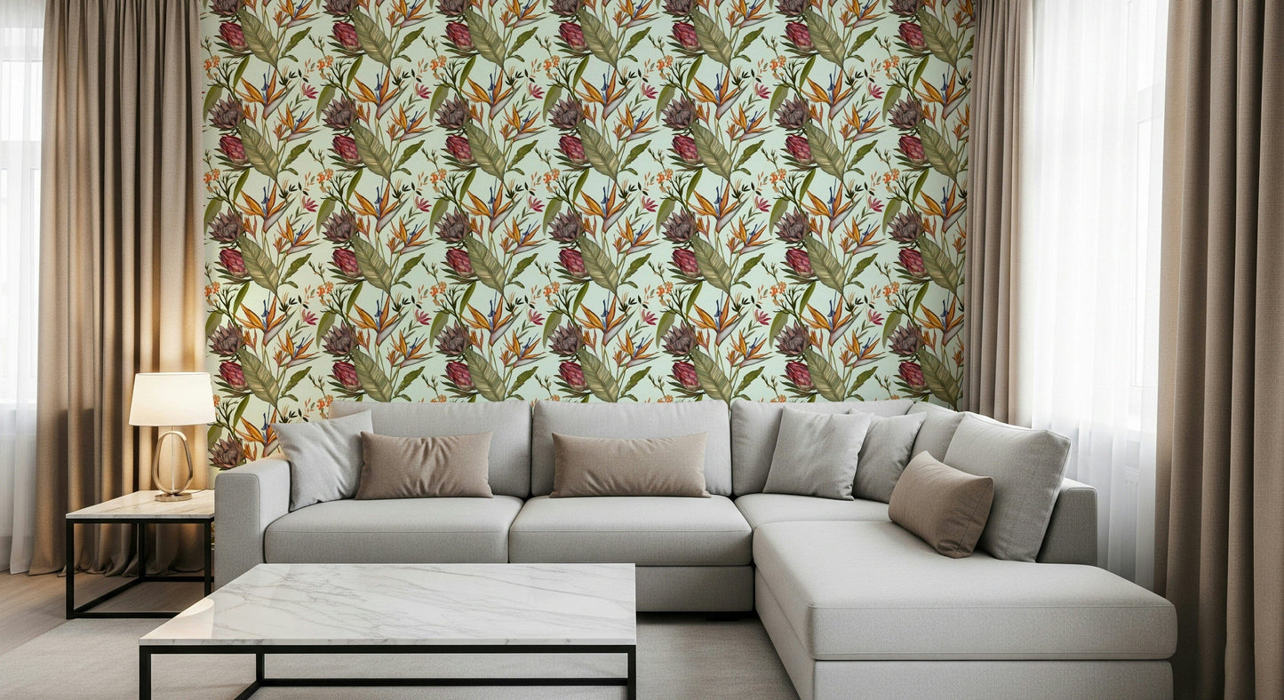 A beautiful tropical plant wall mural for a living room.

