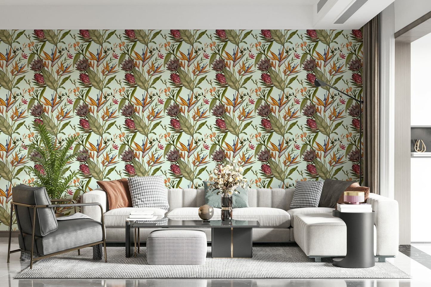 A beautiful lush botanical wallpaper mural with exotic leaves.

