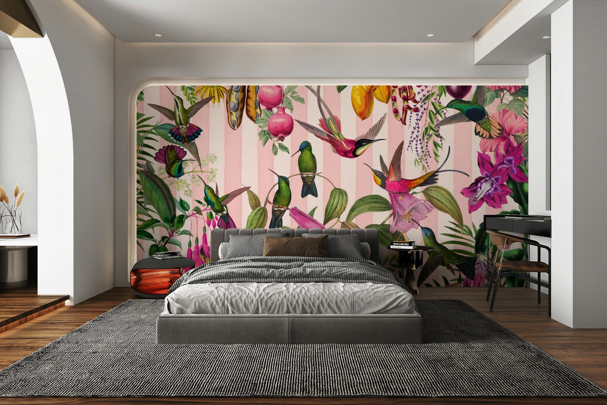 The mural gives the illusion of a window looking out onto a beautiful jungle.
