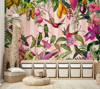 A wall mural depicting a hidden tropical scene with hummingbirds.
