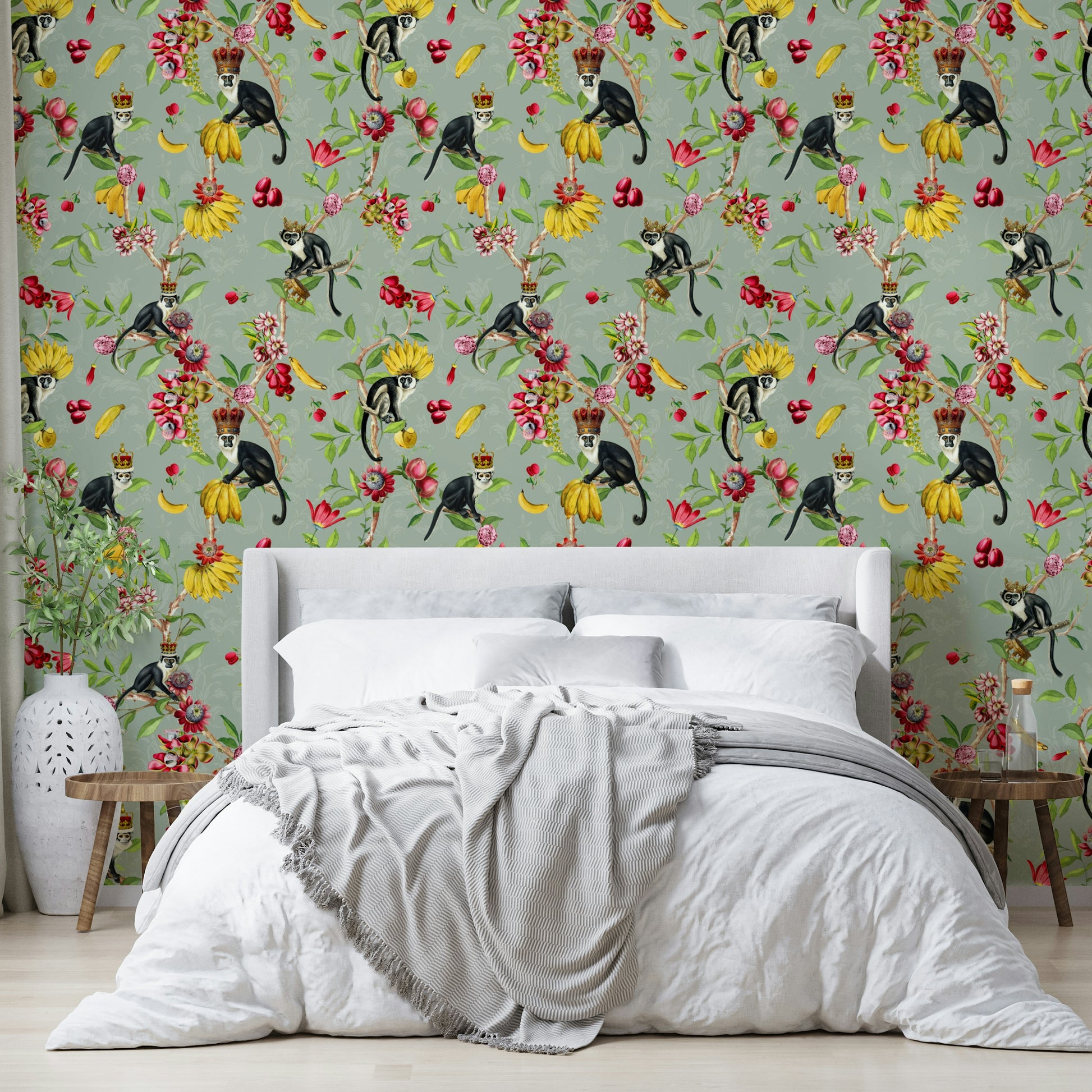 Detailed floral mural with tropical leaves and graceful butterflies.

