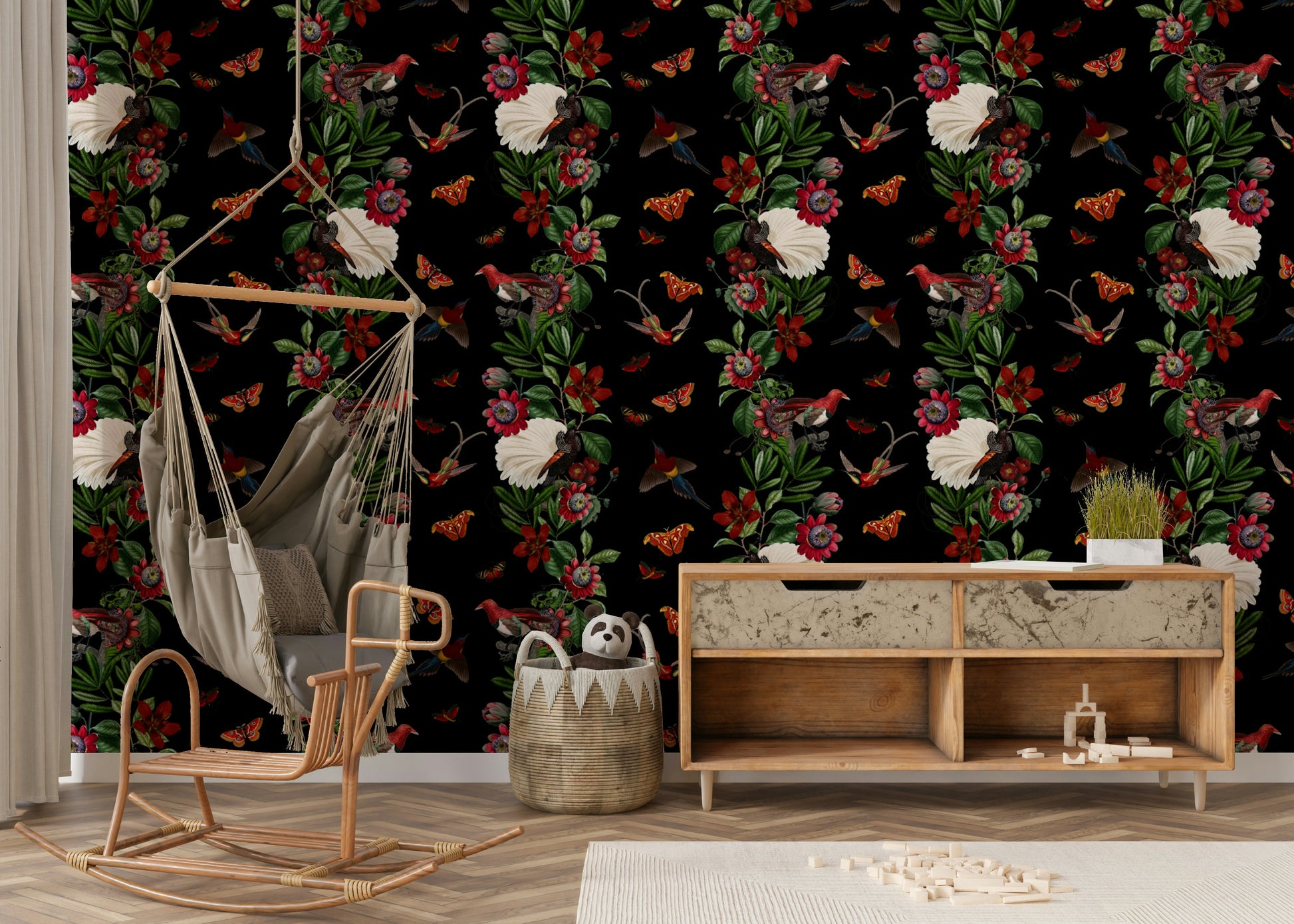 Tropical plants and flowers on wallpaper with deep, nighttime hues

