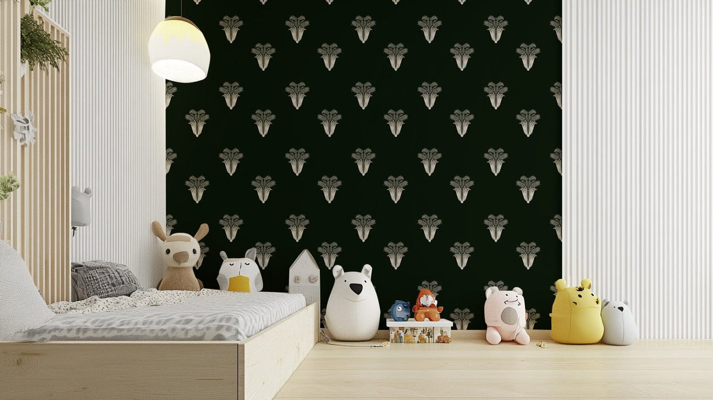 A minimalist home office with the botanical wallpaper.