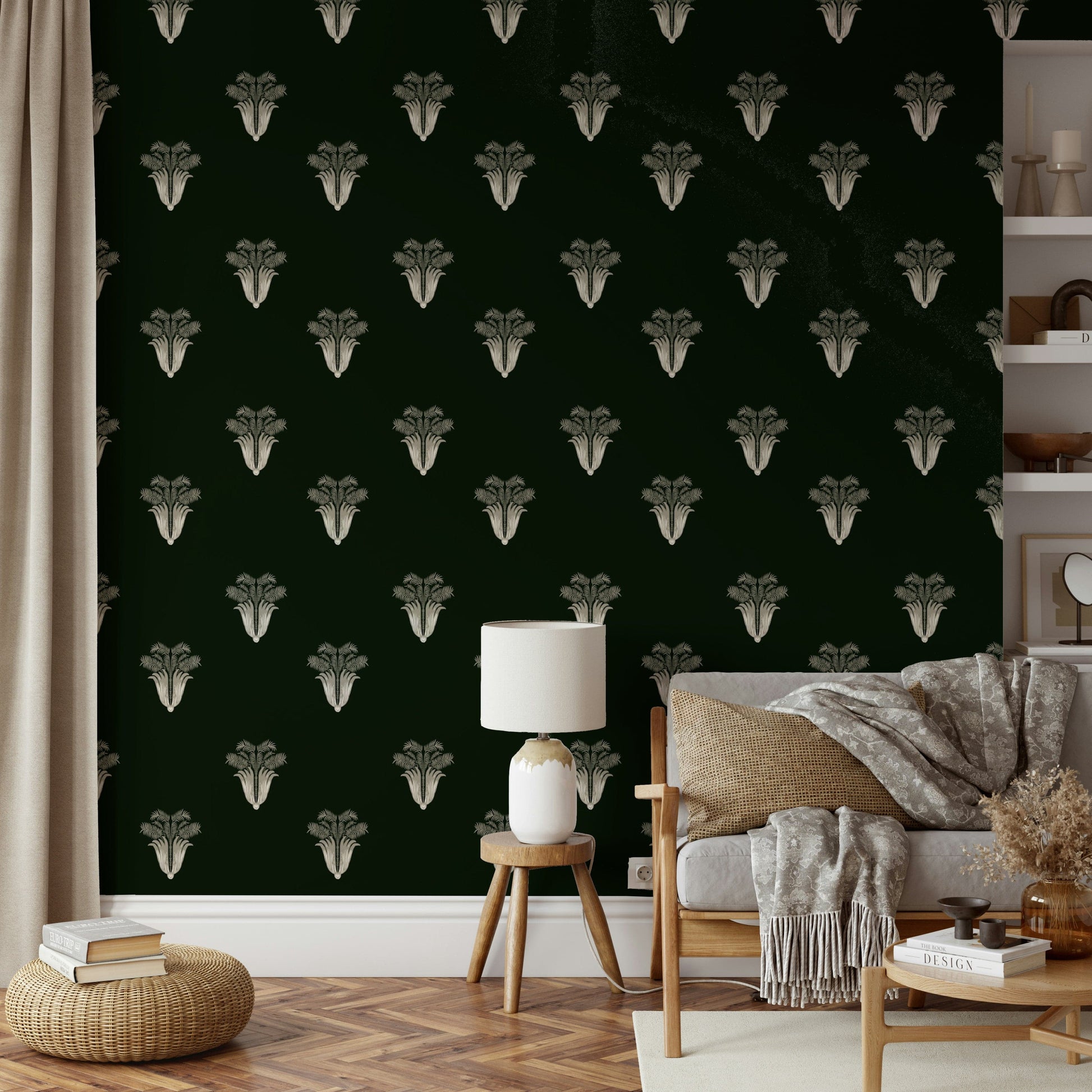 A beautiful, modern living room with an exotic noir mural.